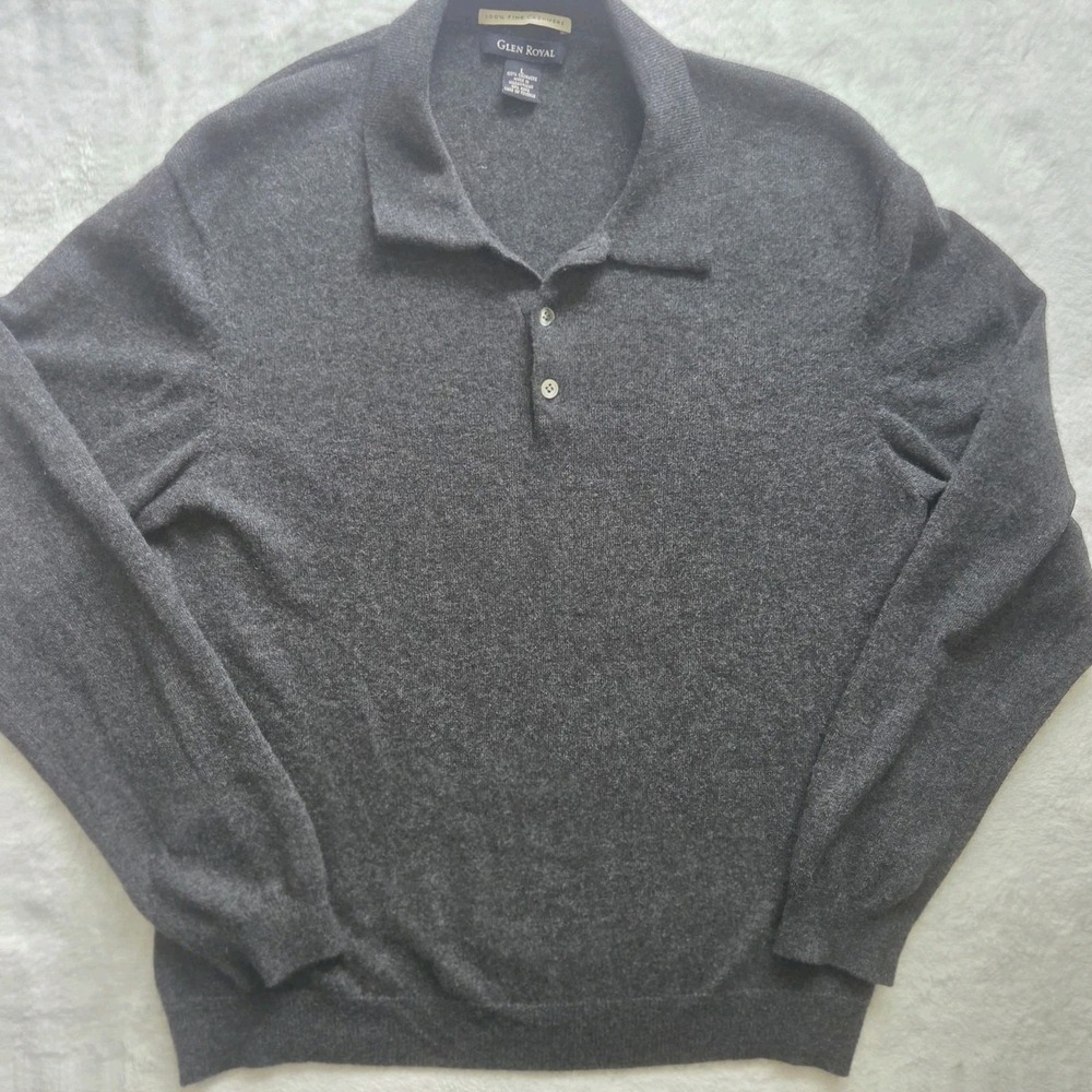 Glen Royal 100% Fine Cashmere Charcoal Grey Collared Button Sweater Mens Large